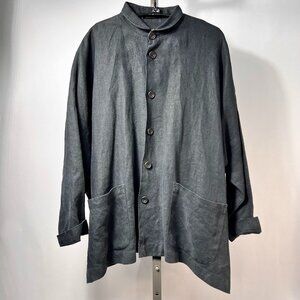 VTG ESKANDAR Navy Blue Linen Button Front Shirt with Club Collar‎ Sz 0 England